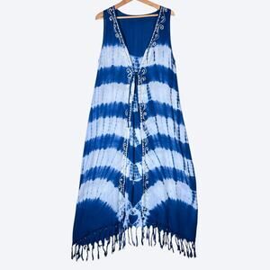 Women's Embroidered Boho Festival Long Sleeveless Open‎ Cardigan Fringe Tie Dye
